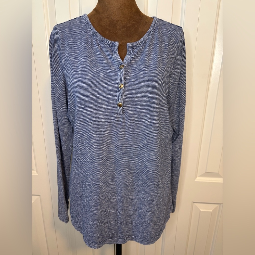 Coldwater Creek Navy and White Striped Qtr Button Down Top Size PM